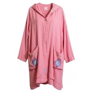 Blue Fish Oversized Linen Pink Duster with Artistic Teapot Accents OS